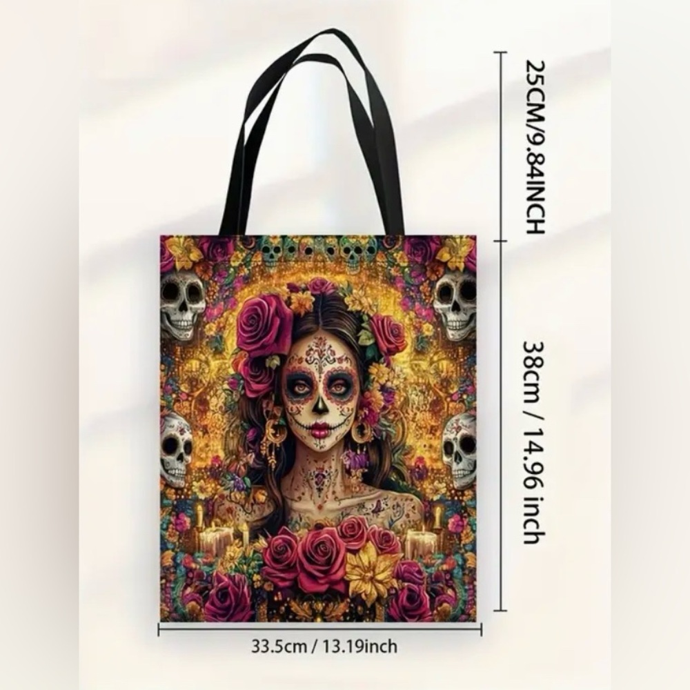 Day of the Dead Skull Girl Floral Print Reusable Shoulder Tote Bag New - Picture 5 of 5